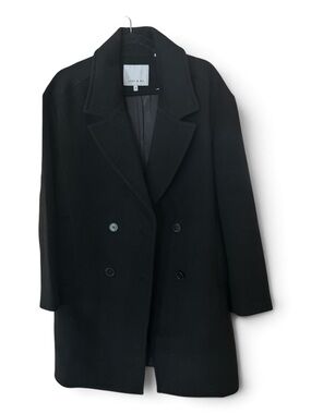 Wool Double Breasted 4 Button Wool Blend Pea Coat Black